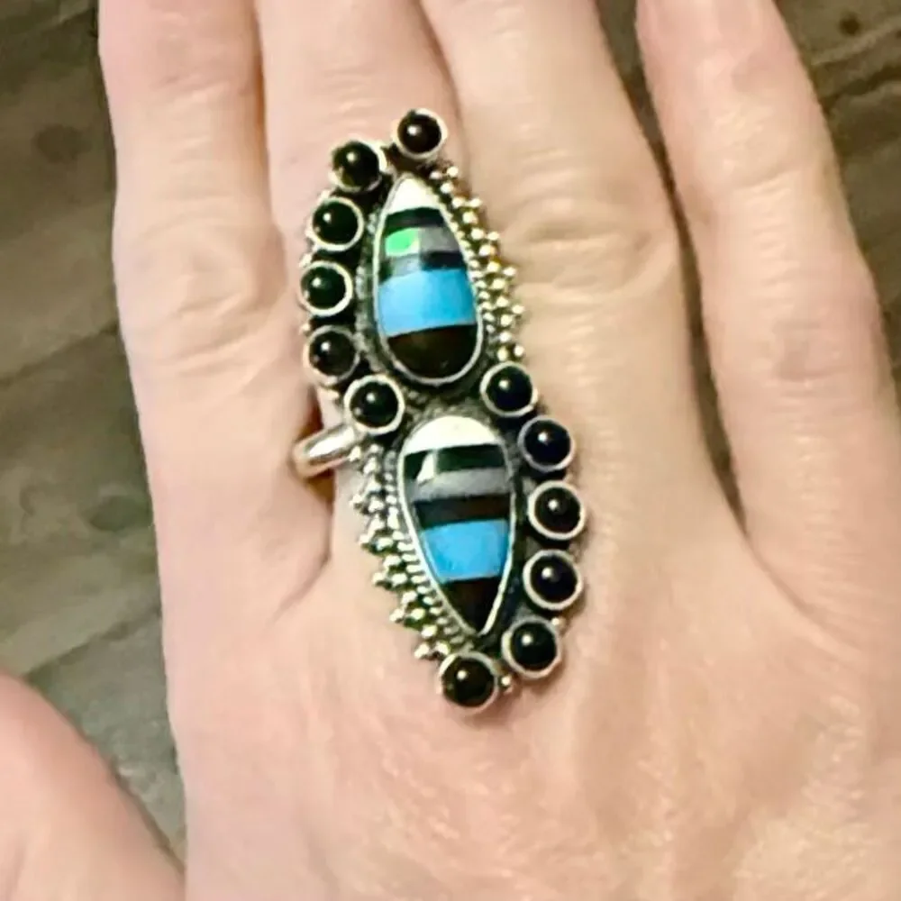 Southwestern Bold Aurora Opal & Onyx Sterling Silver Adjustable Cocktail Ring